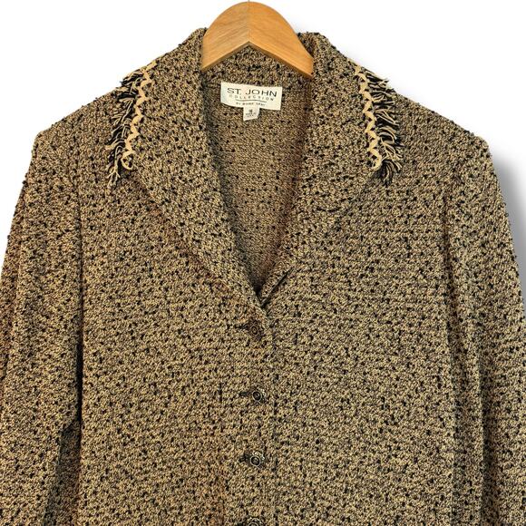 St John Collection Womens Tweed Blazer Jacket Fringe Trim Gold Tan Black Size 16 - Picture 5 of 11